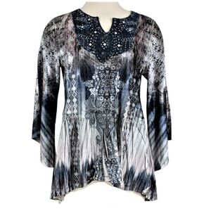 Top Velour Bell Sleeve Crochet Bodice Shark Bite Hem Multicolor Embellished MP